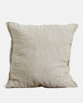 A square khaki olive linen throw pillow with a textured, natural woven fabric and subtle frayed edges, shown against a plain light gray background.