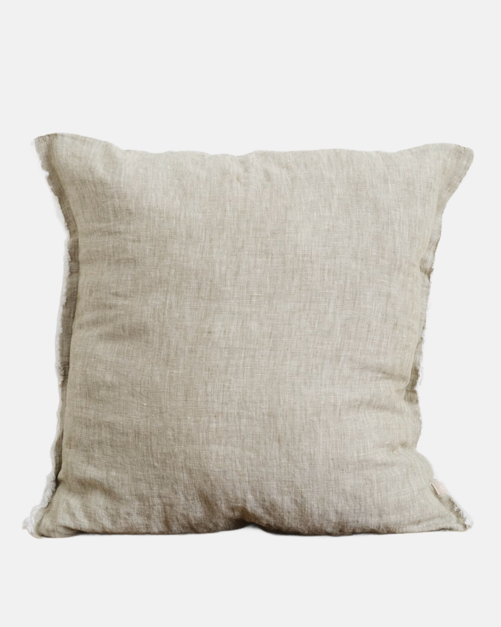 A square khaki olive linen throw pillow with a textured, natural woven fabric and subtle frayed edges, shown against a plain light gray background.